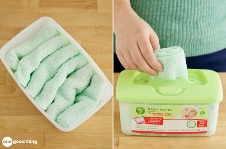 pulling a reusable fabric softener sheet out of a recycled baby wipes box