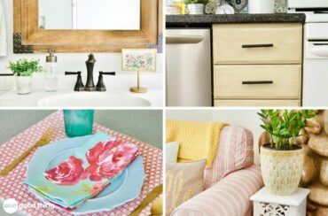 A fancier collage of pictures of a kitchen and bathroom.