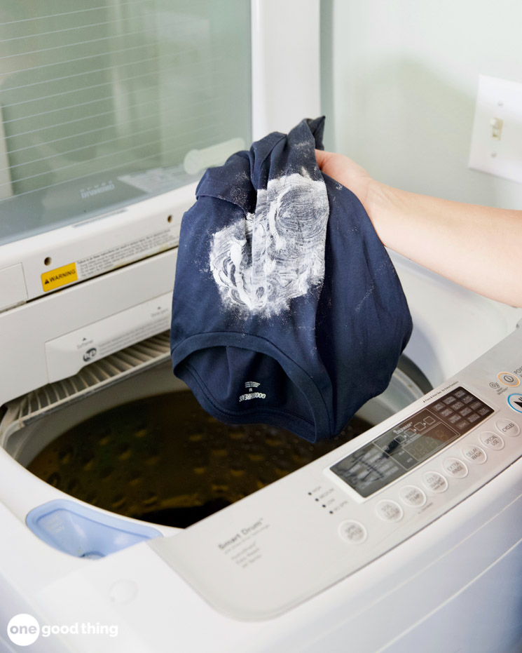 How to get oil stains out of clothing. After letting the peroxide, soda, and Dawn work for half an hour to an hour, wash the garment as usual.